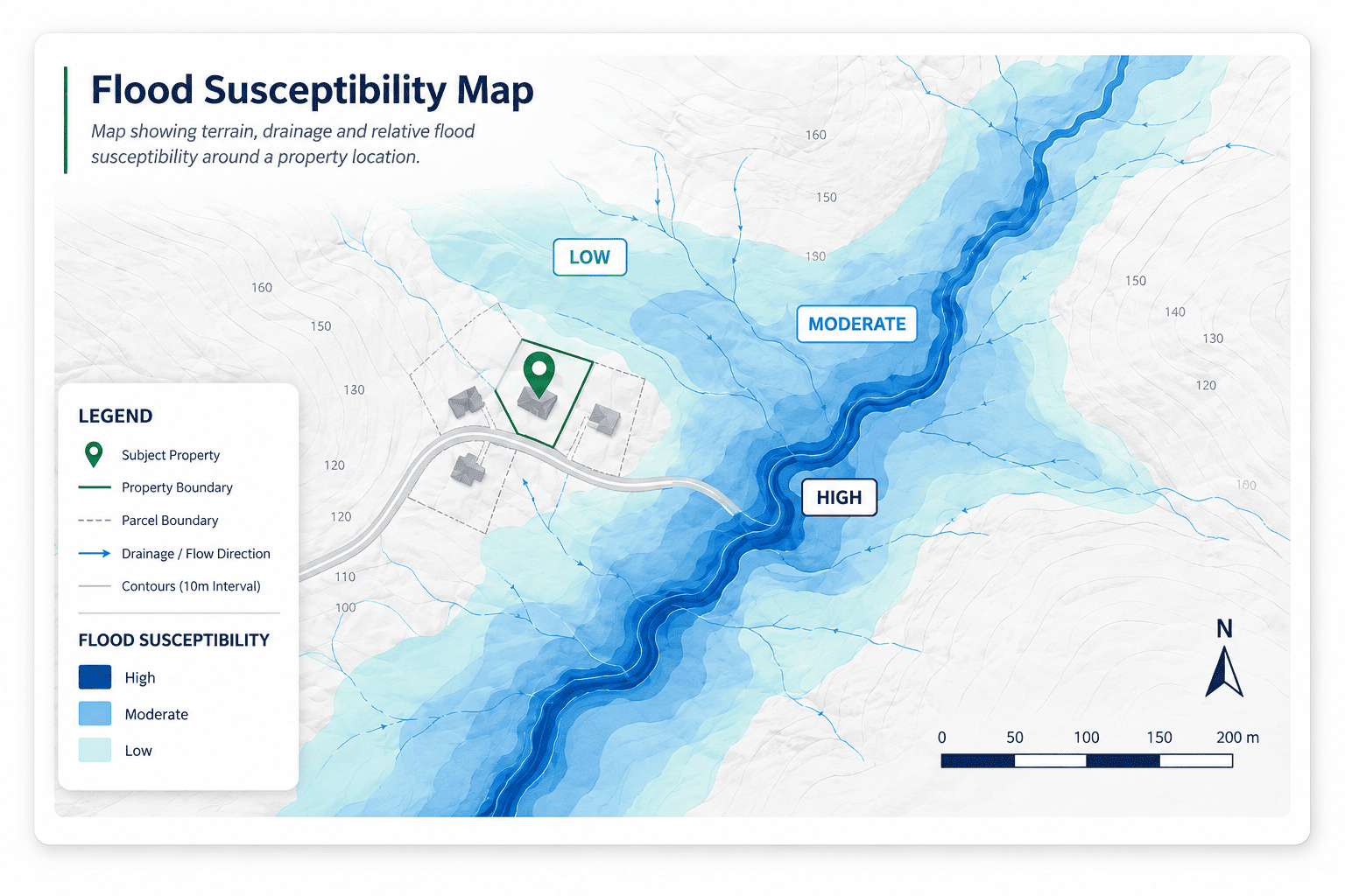 GIS flood susceptibility map showing property location, terrain and drainage